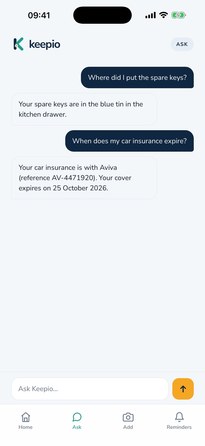The Keepio Ask screen answering where the spare keys are and when the car insurance expires