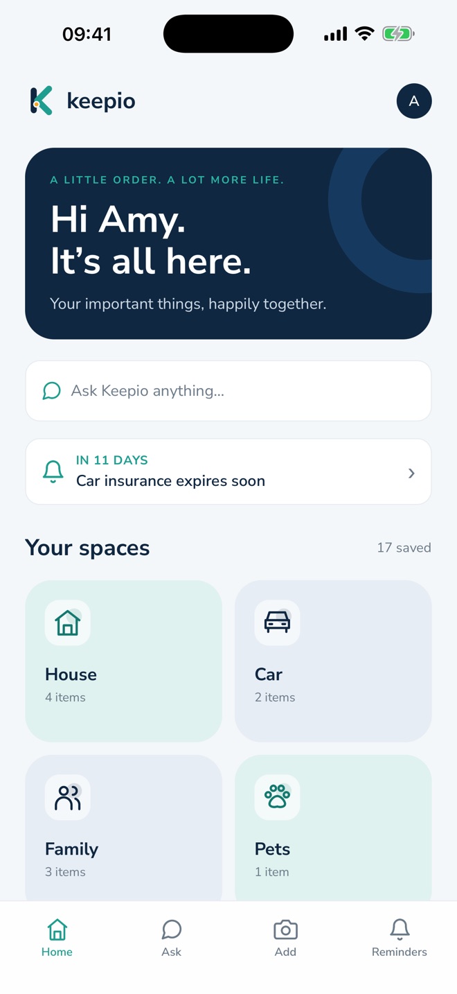 The Keepio home screen: a welcome panel, an Ask Keepio search bar, a car insurance reminder and your spaces