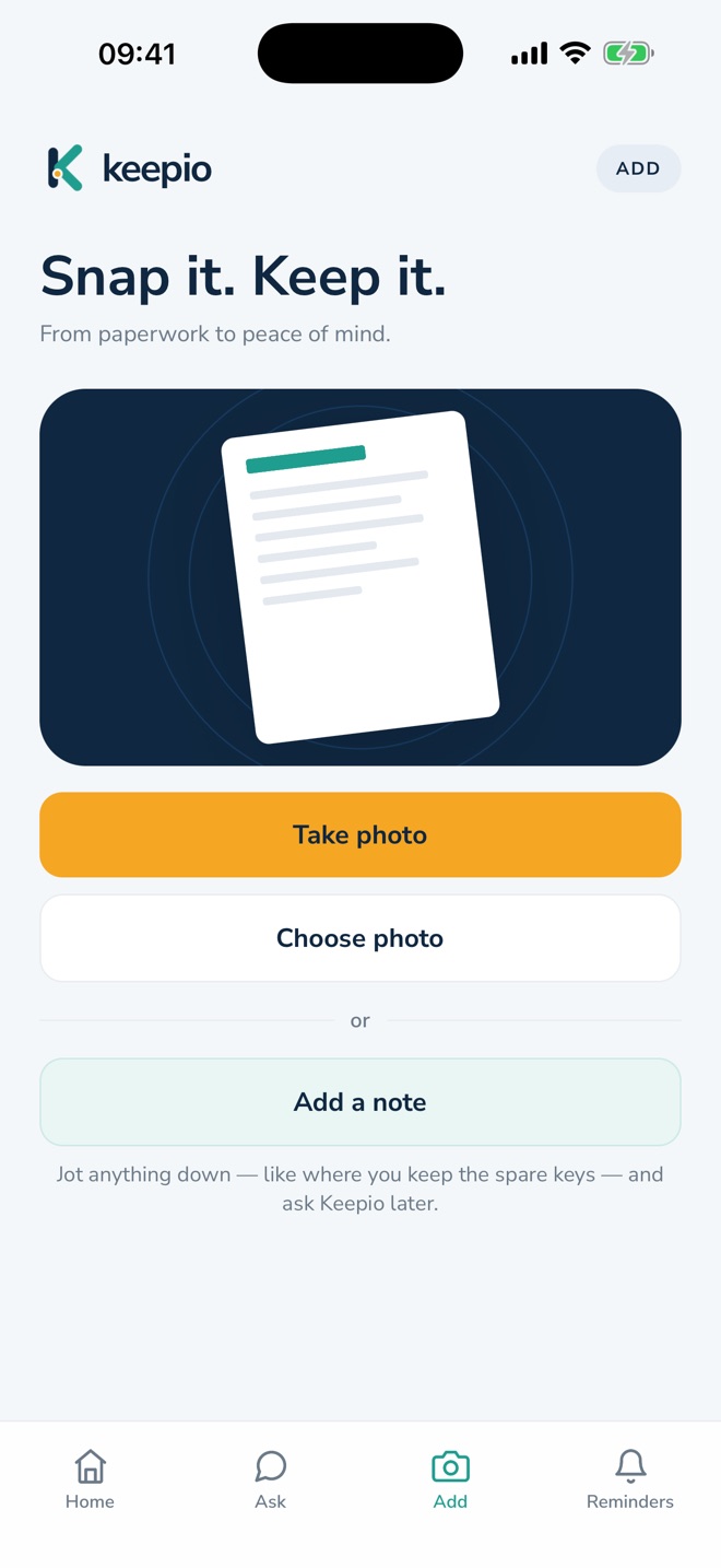 The Keepio Add screen with Take photo, Choose photo and Add a note